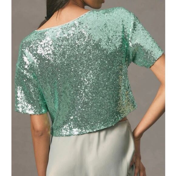 By Anthropologie Sequin Glitter Short Sleeve Cropped Turquoise Top, Size Small - Picture 2 of 12